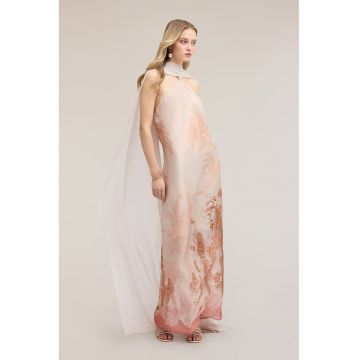 Rochie lunga din satin cu esarfa - Roz deschis