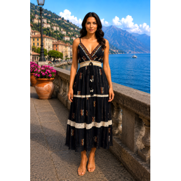 Rochie lunga neagra de vara cu imprimeu boho si dantela bej