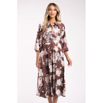 Rochie Maribell maro cu imprimeu floral si maneci bufante