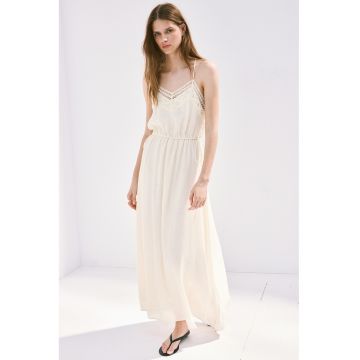 Rochie maxi cu decolteu cu broderie - Alb fildes