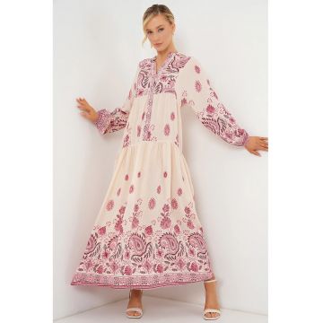 Rochie Maxi  cu decolteu in V - imprimeu - roz/bej - viscoza - maneca lunga - captusita