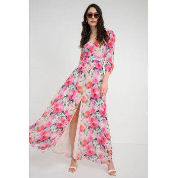 Rochie maxi cu decolteu in V si model floral - Verde inchis/Roz orhidee/Alb murdar/Bleumarin