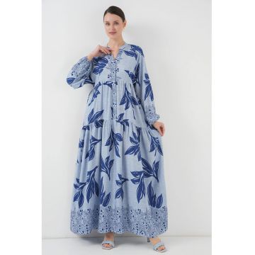 Rochie maxi  decolteu in V - imprimata - albastru - viscoza