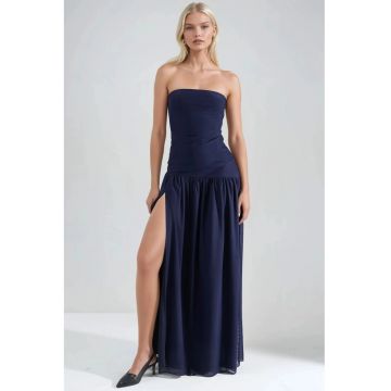 Rochie maxi -  fara bretele - albastru marin - eleganta - material subtire