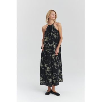 Rochie maxi lejera cu model brodat - Negru/Bej deschis