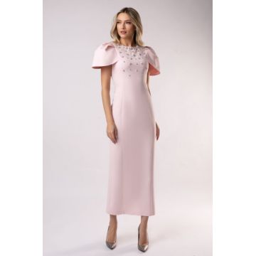 Rochie Melania roz pal cu maneci bufante