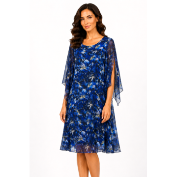Rochie midi albastra cu imprimeu floral si maneci vaporoase