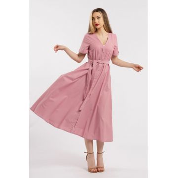 Rochie midi cu croiala evazata - decolteu in V si cordon in talie - Roz pastel
