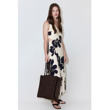 Rochie midi cu decolteu in V si model - Negru/Crem