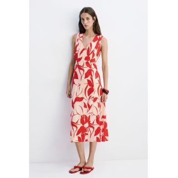 Rochie midi cu decolteu in V si model - Rosu/Crem