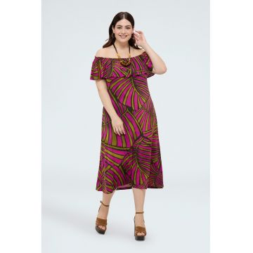 Rochie midi cu decolteu pe umeri - Violet/Verde masliniu inchis