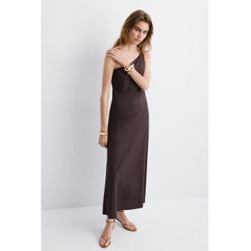 Rochie midi cu decolteu pe un umar - Maro pamantiu