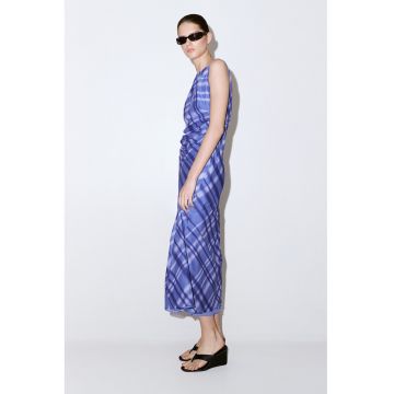 Rochie midi cu detaliu drapata si model in carouri - Alb/Albastru