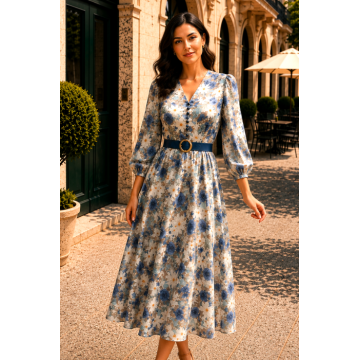 Rochie midi cu imprimeu floral albastru si curea in talie