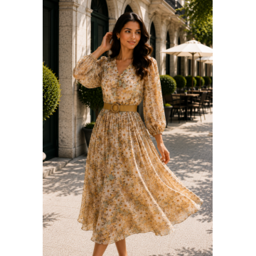 Rochie midi cu imprimeu floral galben si curea in talie