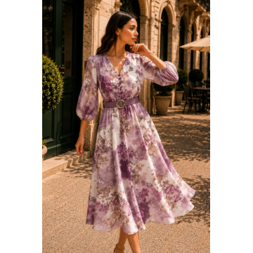 Rochie midi cu imprimeu floral mov si curea in talie