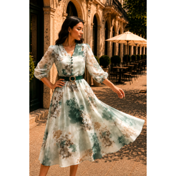 Rochie midi cu imprimeu floral verde si curea in talie