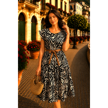 Rochie midi cu imprimeu zebra si cordon in talie