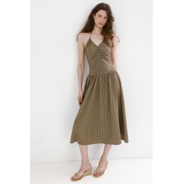 Rochie midi din amestec de bumbac cu decolteu in V - Alb/Maro pamantiu