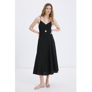 Rochie midi din amestec de in - Negru