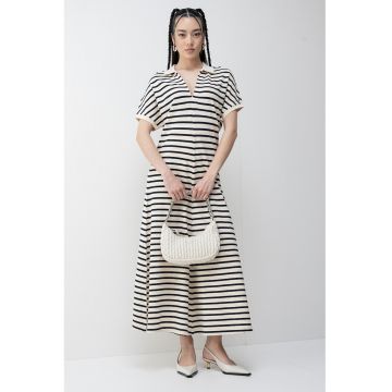 Rochie midi din amestec de lyocell cu dungi - Alb fildes/Albastru ultramarin