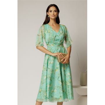 Rochie midi din voal verde menta cu imprimeu galben