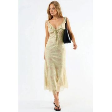 Rochie Midi  florala - decolteu in V - crem natural - poliester-elastan