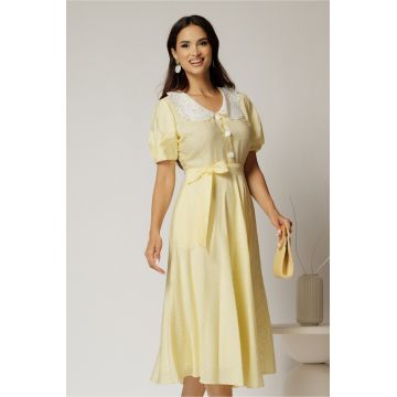 Rochie midi galbena cu buline de zi si guler brodat