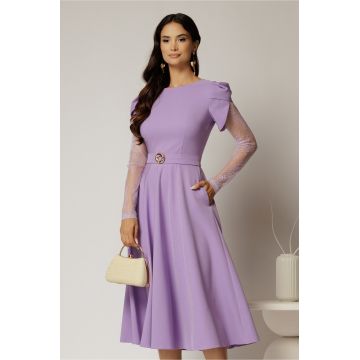 Rochie midi lila cu maneci din dantela si cordon detasabil