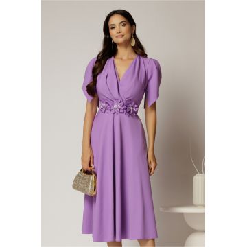 Rochie midi lila de ocazie cu pliuri pe bust si cordon detasabi cu flori