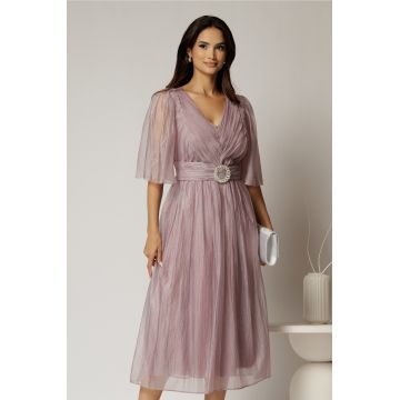 Rochie midi lila de ocazie din matase sintetica creponata