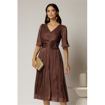 Rochie midi maro din voal peliculizat cu decolteu V