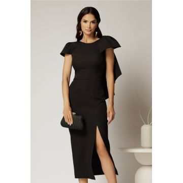 Rochie midi neagra conica cu funda ampla pe umar