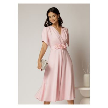 Rochie midi roz de ocazie cu pliuri pe bust si cordon detasabi cu flori