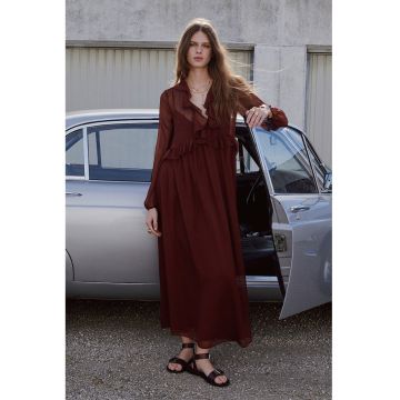 Rochie midi vaporoasa cu volane - Maro scortisoara