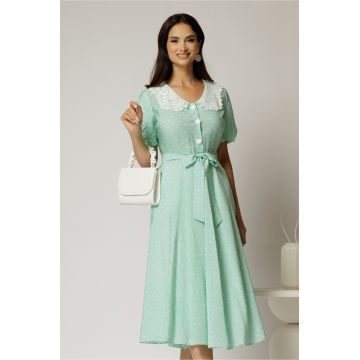 Rochie midi verde cu buline de zi si guler brodat