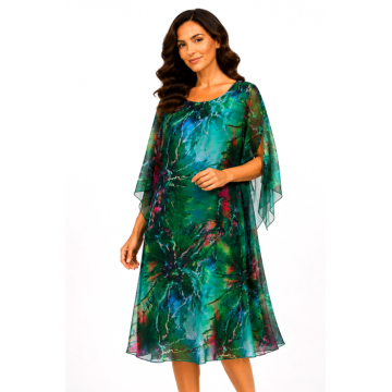 Rochie midi verde cu imprimeu abstract si maneci vaporoase