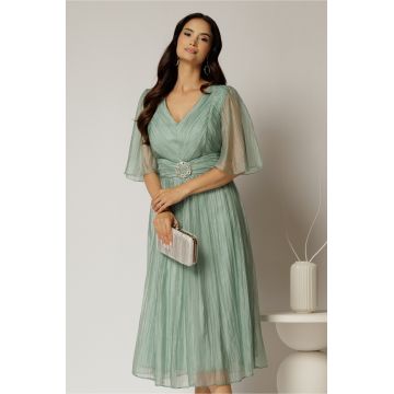 Rochie midi verde menta de ocazie din matase sintetica creponata