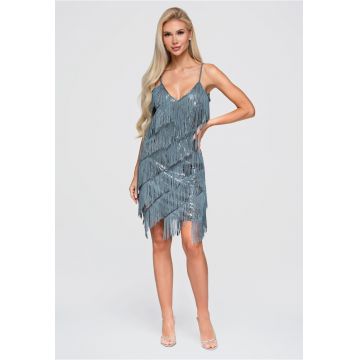 Rochie mini cu decolteu in V cu franjuri si paiete LA-OM-DLR404 - Gri