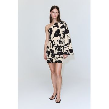 Rochie mini cu decolteu pe un umar - Negru/Bej deschis