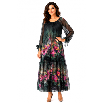 Rochie neagra de vara din matase naturala cu imprimeu abstract