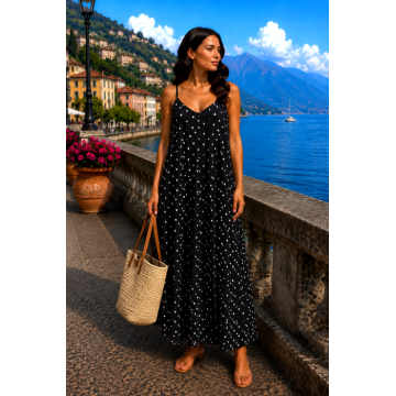Rochie neagra lunga de plaja alba cu buline albe