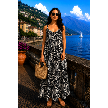 Rochie neagra lunga de plaja cu imprimeu bej