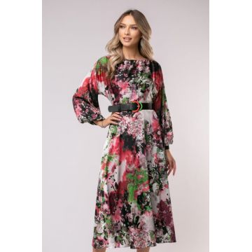 Rochie Olivera cu maneci bufante si imprimeu floral bordo