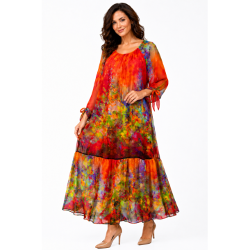 Rochie portocali de vara din matase naturala cu imprimeu abstract