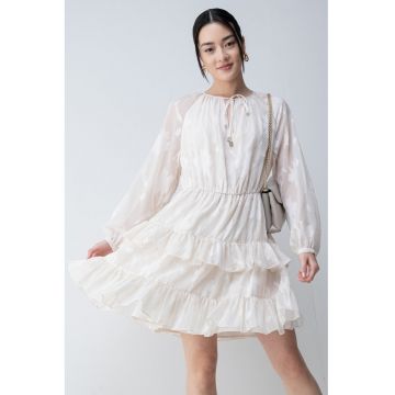 Rochie scurta cu maneci lungi si volane - Crem