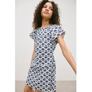 Rochie scurta de bumbac cu model floral - Alb/Bleumarin