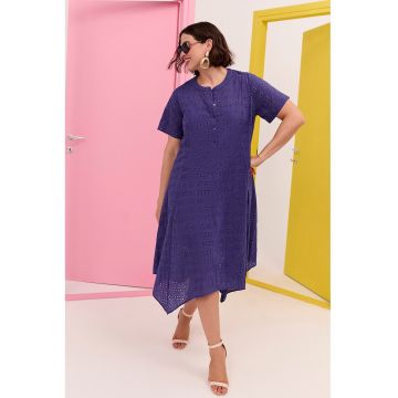 Rochie-tunica cu broderie englezeasca si maneci scurte - Albastru