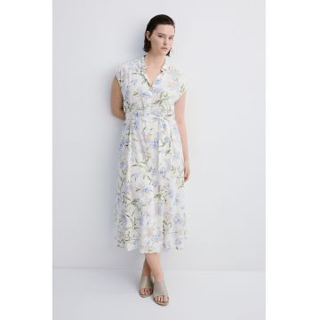 Rochie vaporoasa cu cordon in talie si model floral - Albastru lavanda/Bej inchis/Alb murdar