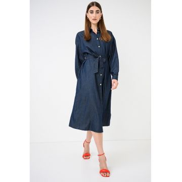 Rochie-camasa din denim cu cordon in talie - Albastru ultramarin